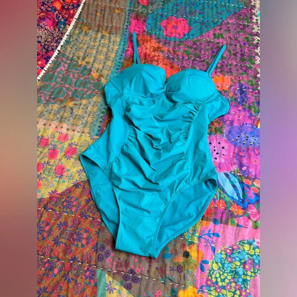 Spanx Love Your Assets Turquoise Blue One Piece Swimsuit Size L Summer Beach